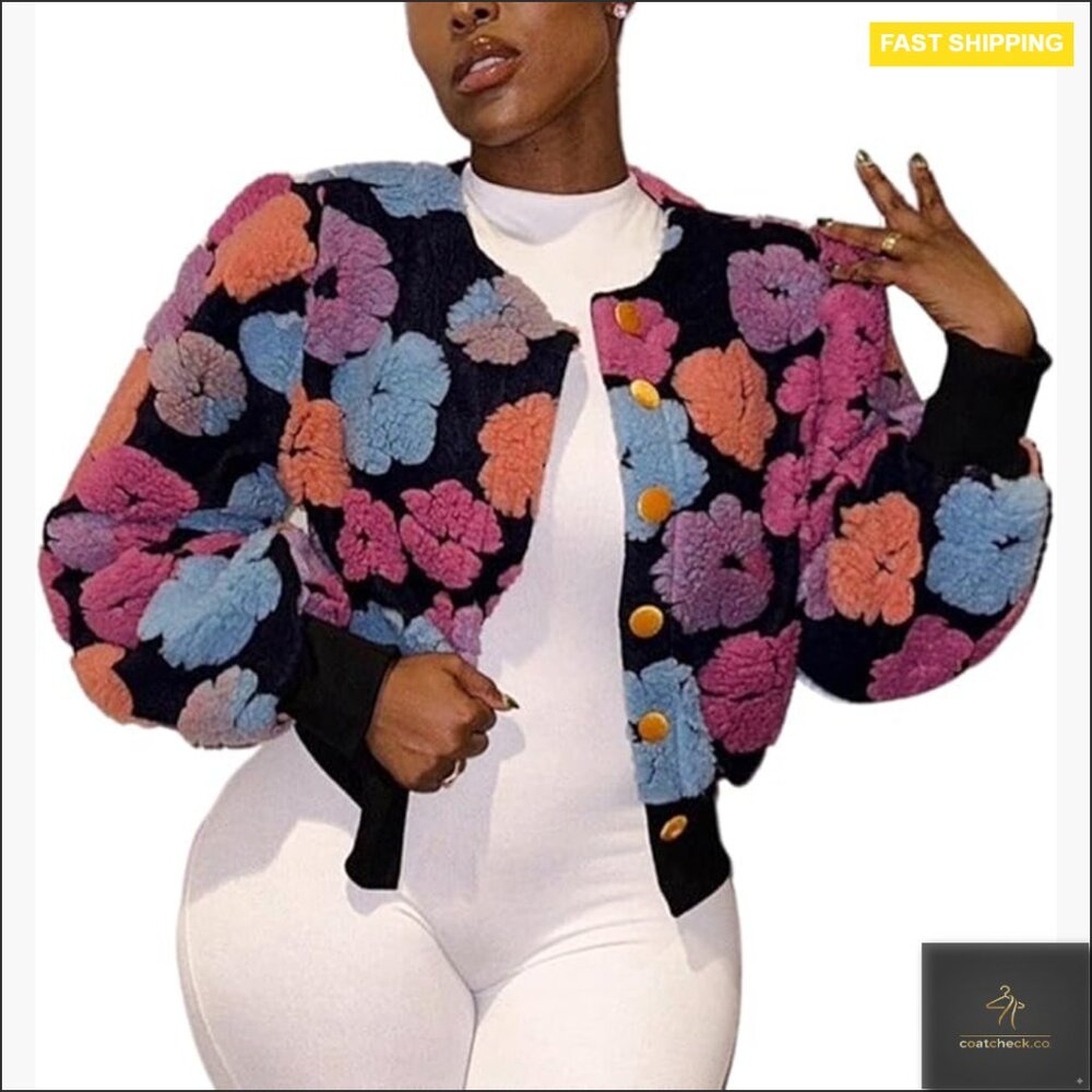 Cropped Fleece Bomber Jacket Puff Sleeve Floral Print Button Down